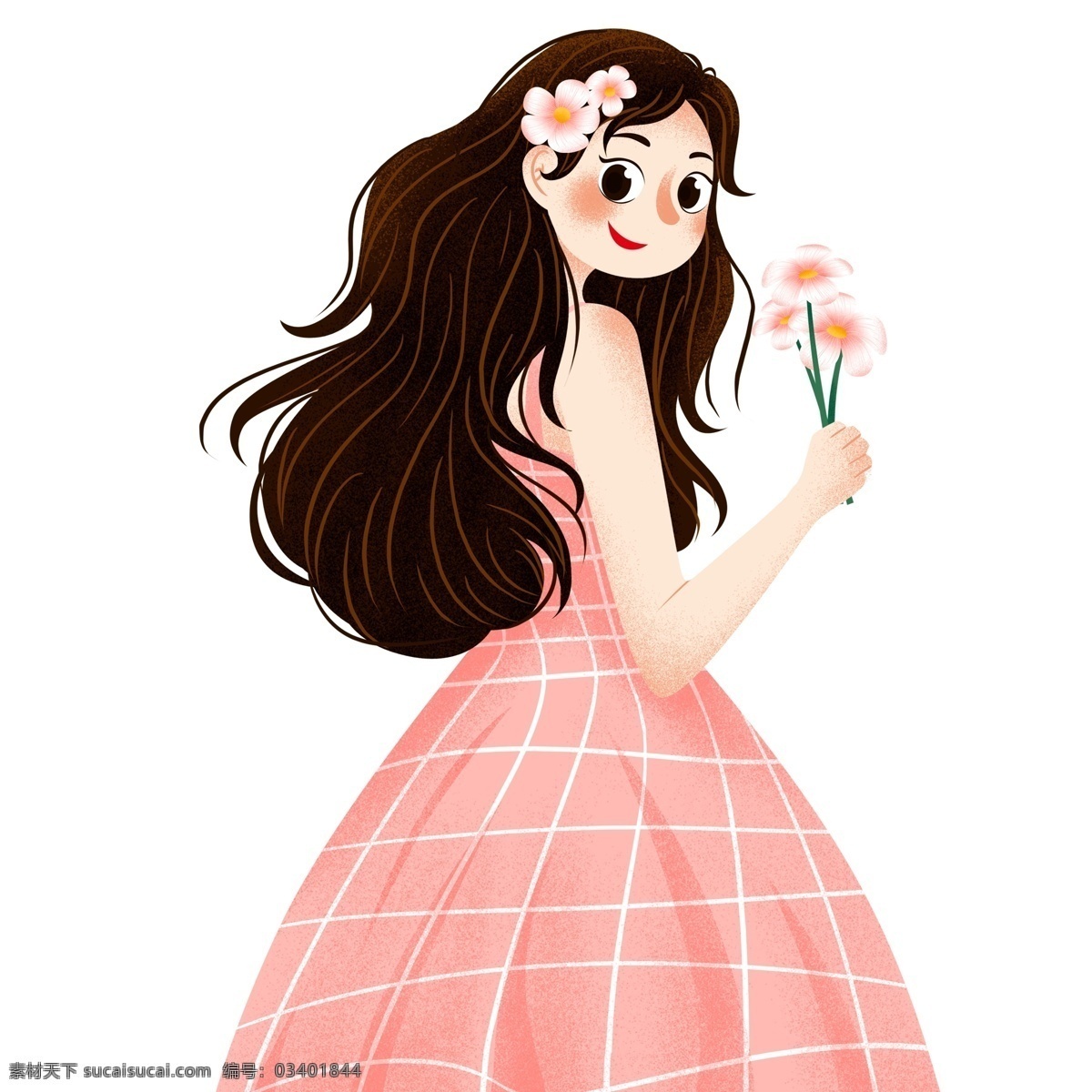 粉色 小 清新 花 少女 小清新 美女 回眸 插画 人物 春天 女生 手绘