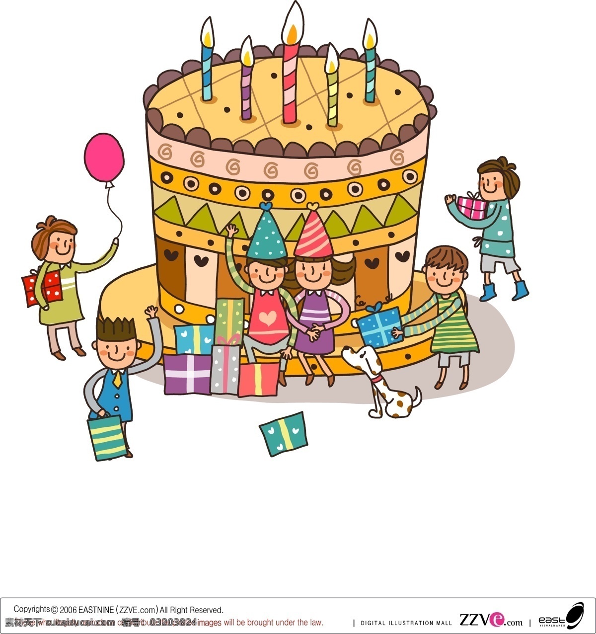 儿童 蛋糕 矢量 卡通 可爱 蜡烛 礼物 气球 庆祝 生日 小狗 周年庆 fruitbox 矢量图 其他矢量图