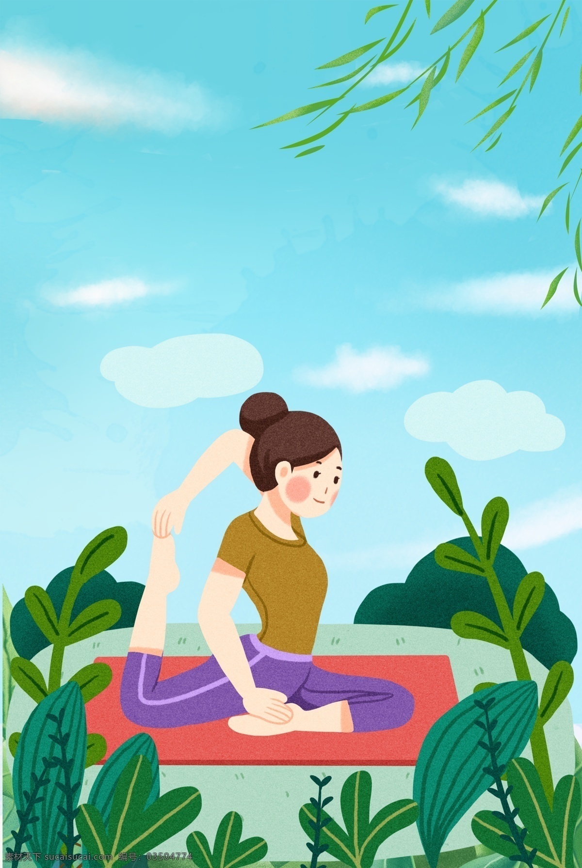 夏季 女生 做 瑜伽 场景 手绘卡通人物 红色的垫子 绿色的叶子 手绘插画 植物装饰 瑜伽健身 保养 健身 养身