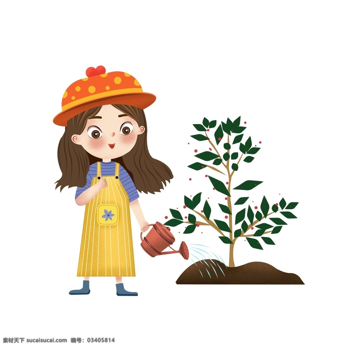 卡通 可爱 小 树苗 浇 花 女孩子 女孩 种树 人物 植树 插画 3月12日