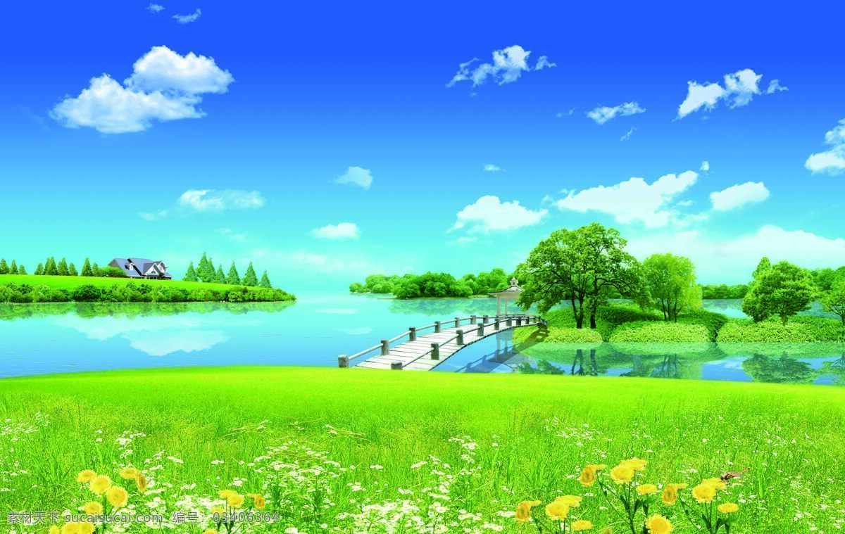 蓝天草地 蓝天 草地 白云 湖水 春意 花草 自然风光 自然景观