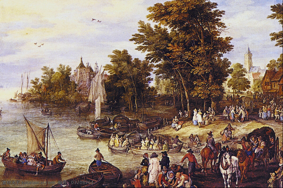 船 帆船 房屋 古代 河流 画家 绘画 绘画书法 欧洲油画画风 欧洲油画 画风 树 人群 天空 鸟 名画 云朵 鸟雀 文化艺术 家居装饰素材