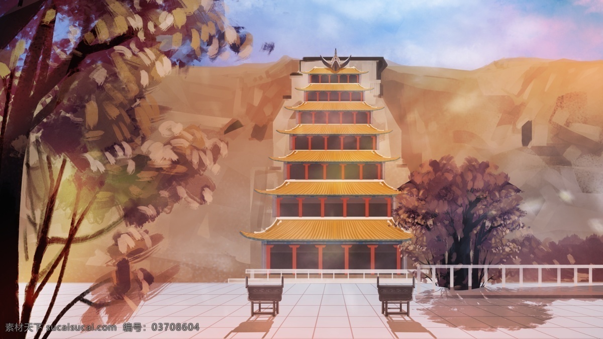 敦煌 莫高窟 秋 建筑 风景画 风景 中国元素 秋天 古建筑 古风 厚涂 中国文化 传统文化 传统艺术 东方元素 风景名胜 名胜古迹 金秋 秋分 落叶 金色场景