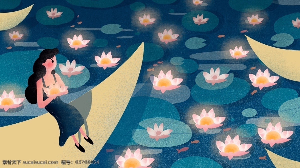中元节 放 河 灯 女孩 原创 插画 节日 传统 月亮 荷花 河灯 祭祀 思念 夜晚 湖面