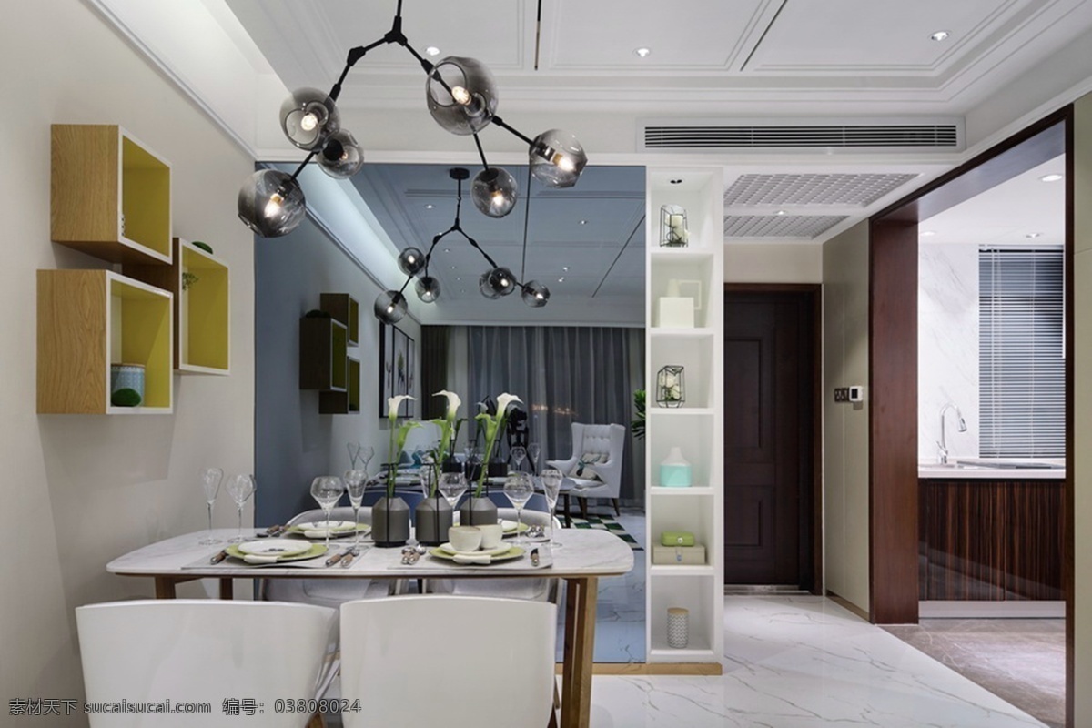 现代 时尚 客厅 银色 灯泡 吊灯 室内装修 效果图 客厅装修 白色餐桌 黄色柜子 白色地板
