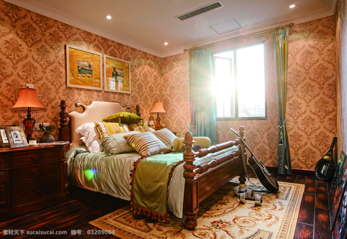 欧式 卧室 窗户 装修 效果图 白色射灯 床铺 床头柜 方形吊顶 花纹地毯 木地板 台灯
