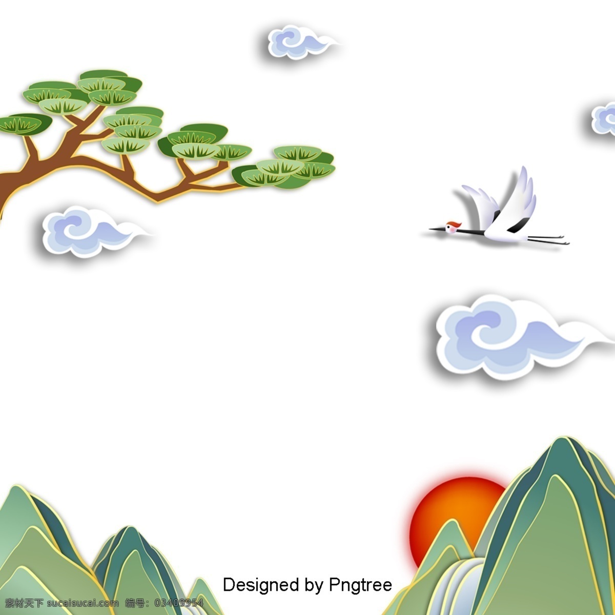 韩国 传统节日 吉祥 云松 树起 重机 矢量 插图 传统 元素 山 祥云 松树