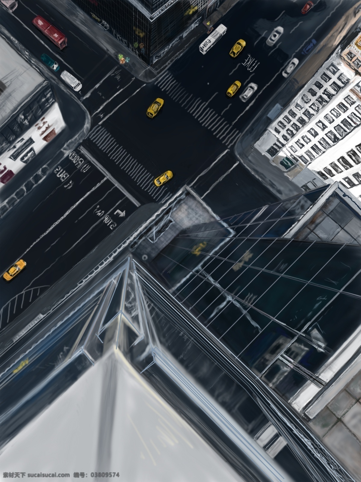 鸟瞰 大楼 手绘 写实 风景 图 俯瞰 街道 真实 插画 国外街道 震撼 逼真 鸟瞰大楼 俯瞰街道 上帝视角 真实场景 写实插画