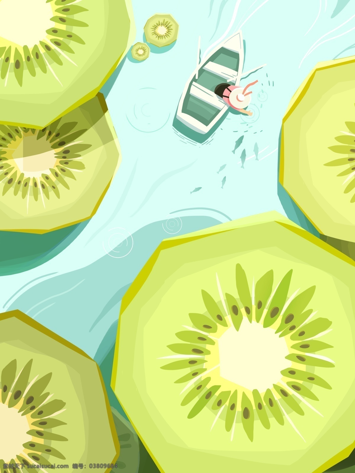 创意 水果 小 清新 插画 猕猴桃 少女 阳光 夏天