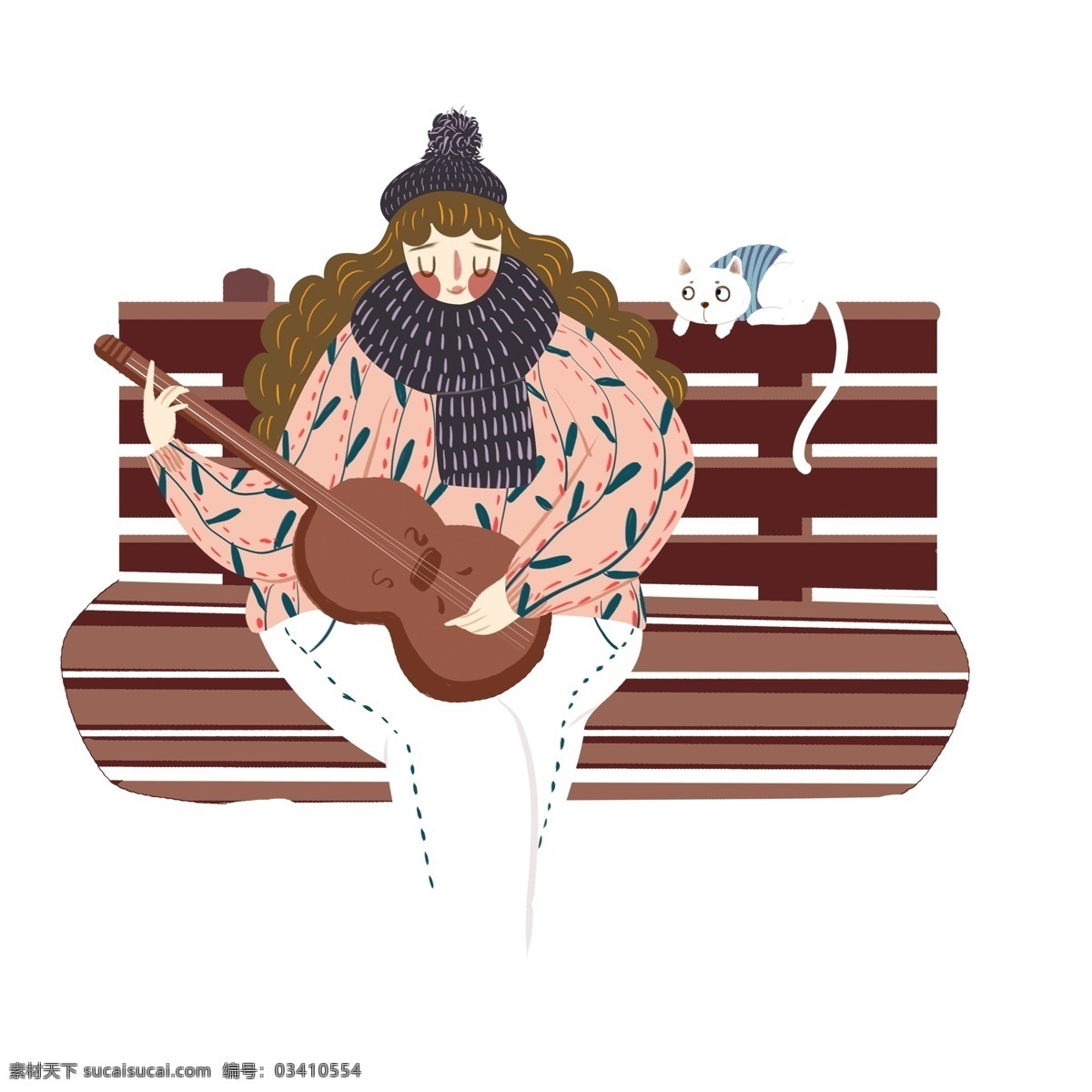 卡通 手绘 谈 吉他 女孩 人物 复古 弹吉他 公园长椅 猫咪 创意设计
