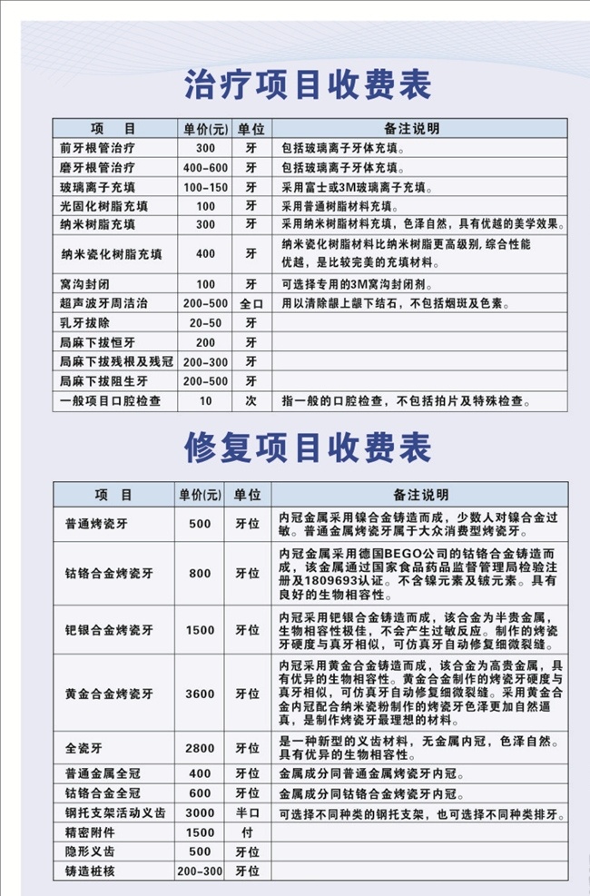 牙科价目表 牙科 价目表 牙 牙齿 口腔 矫正 美容 价格 精品设计