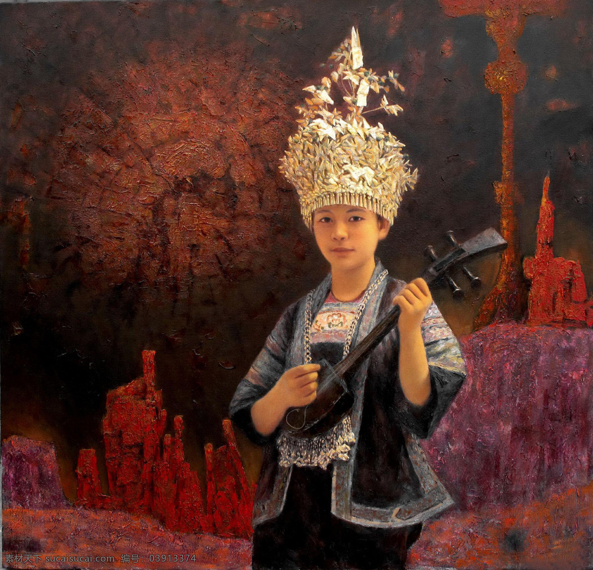 人物 油画 绘画书法 女性油画 人物油画 文化艺术 著名 肖像 少数民族女人 乐器 女人 家居装饰素材