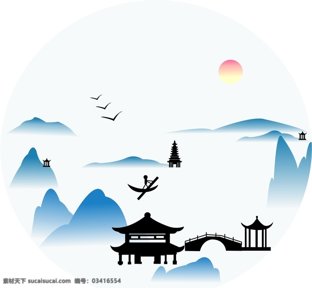 山 水 亭子 人 船 太阳 大雁 河流 木筏 山水画设计图 圆形画 手绘 插画 插画设计 卡通设计