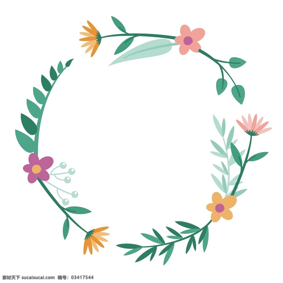 红花绿叶 圆形 花环 简约 花边款 花枝