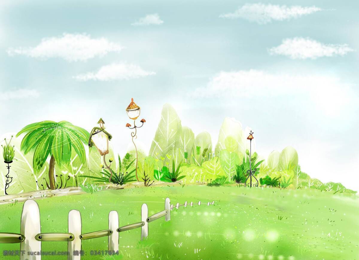 夏季 卡通 矢量 背景 插画 清爽 简约 绿色 栅栏 草原 椰子树 底纹边框 背景底纹