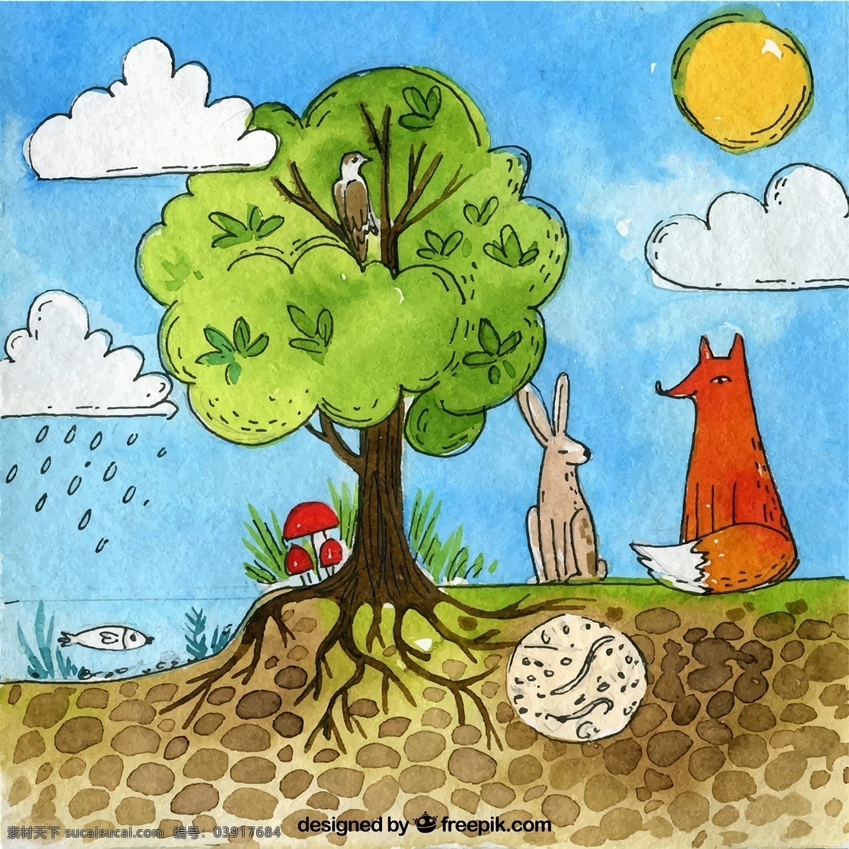 树木 森林 动物 插画 云朵 太阳 蘑菇 草地 矢量 高清图片