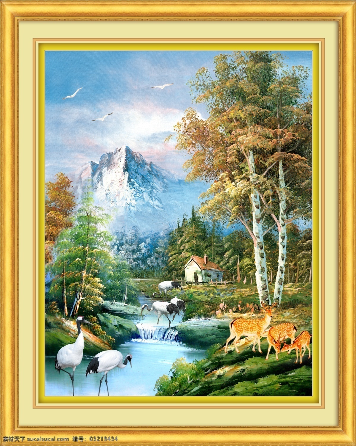 风景油画 油画风景 漂亮 山水 油画 山水画 山水油画 油画山水 风景画 瀑布 流水 河流 碧水 房子 护栏 树 大树 红叶树 黄叶树 鲜花 绿草 仙鹤 梅花鹿 大雁 大山 远山 石头 朝霞 祥云 云彩 蓝天白云 世外桃园 奇山异水 人间仙境 风景 分层 源文件