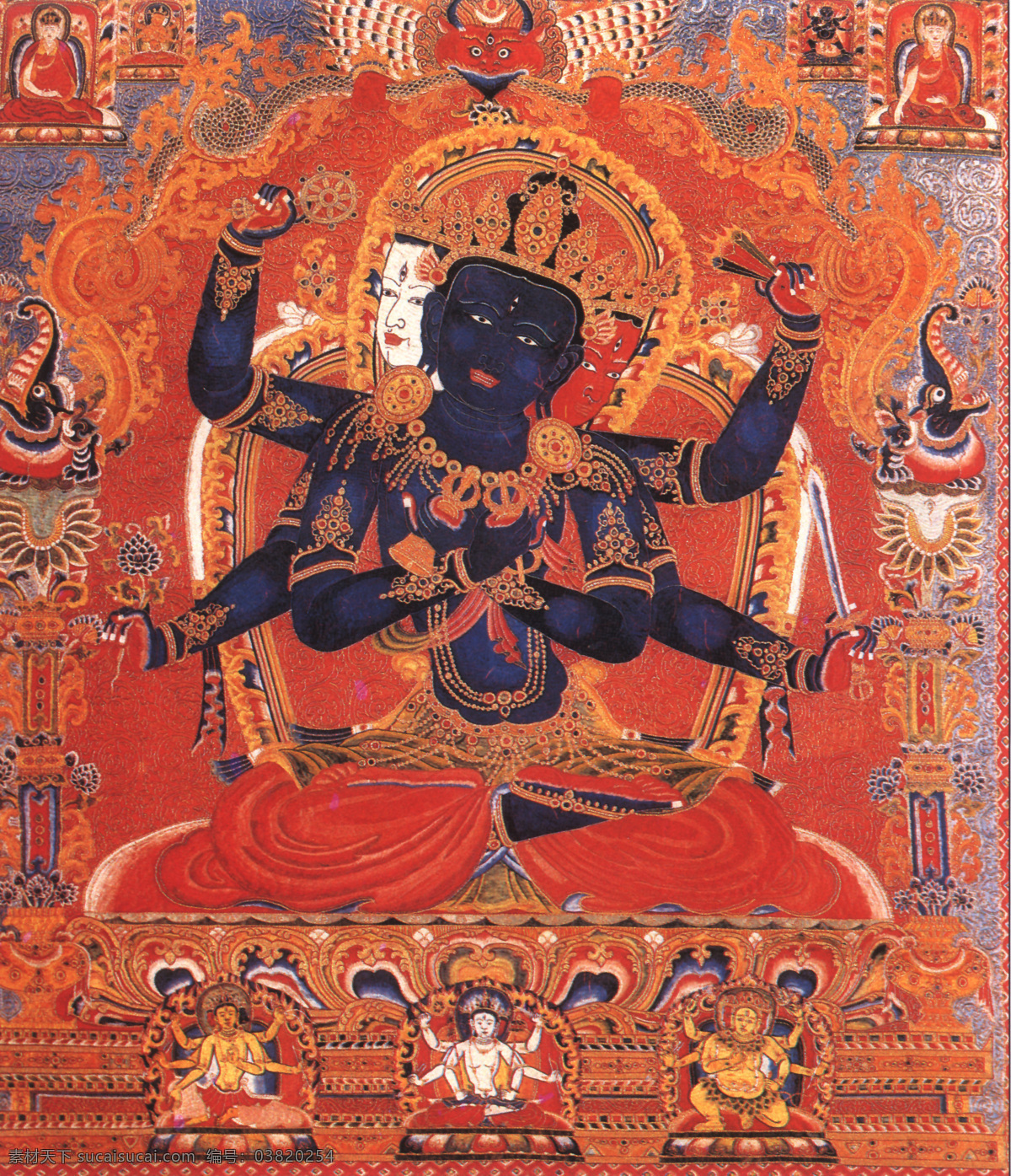 金刚像 佛像 佛教图案 壁挂 三面脸 六臂佛 文化艺术 传统文化 摄影图库