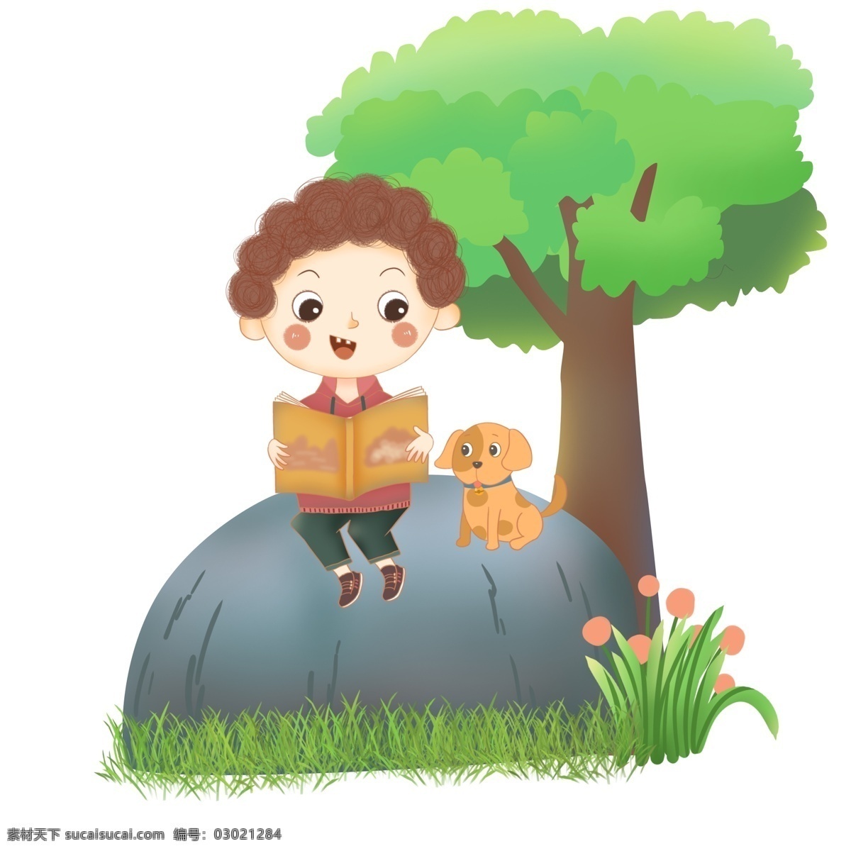 卡通 可爱 小 男孩 狗 一起 阅读 书籍 小狗 书 读书 国际儿童日 儿童 装饰图案