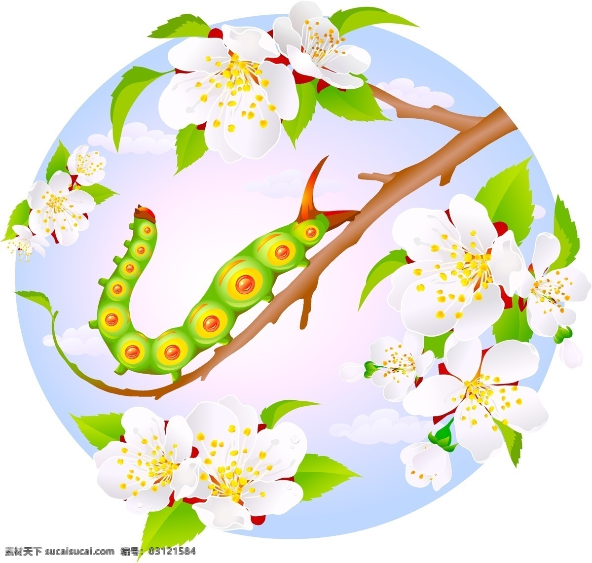 杏花 树枝 上 小 虫 春天 花朵 绿叶 小虫 矢量图 其他矢量图