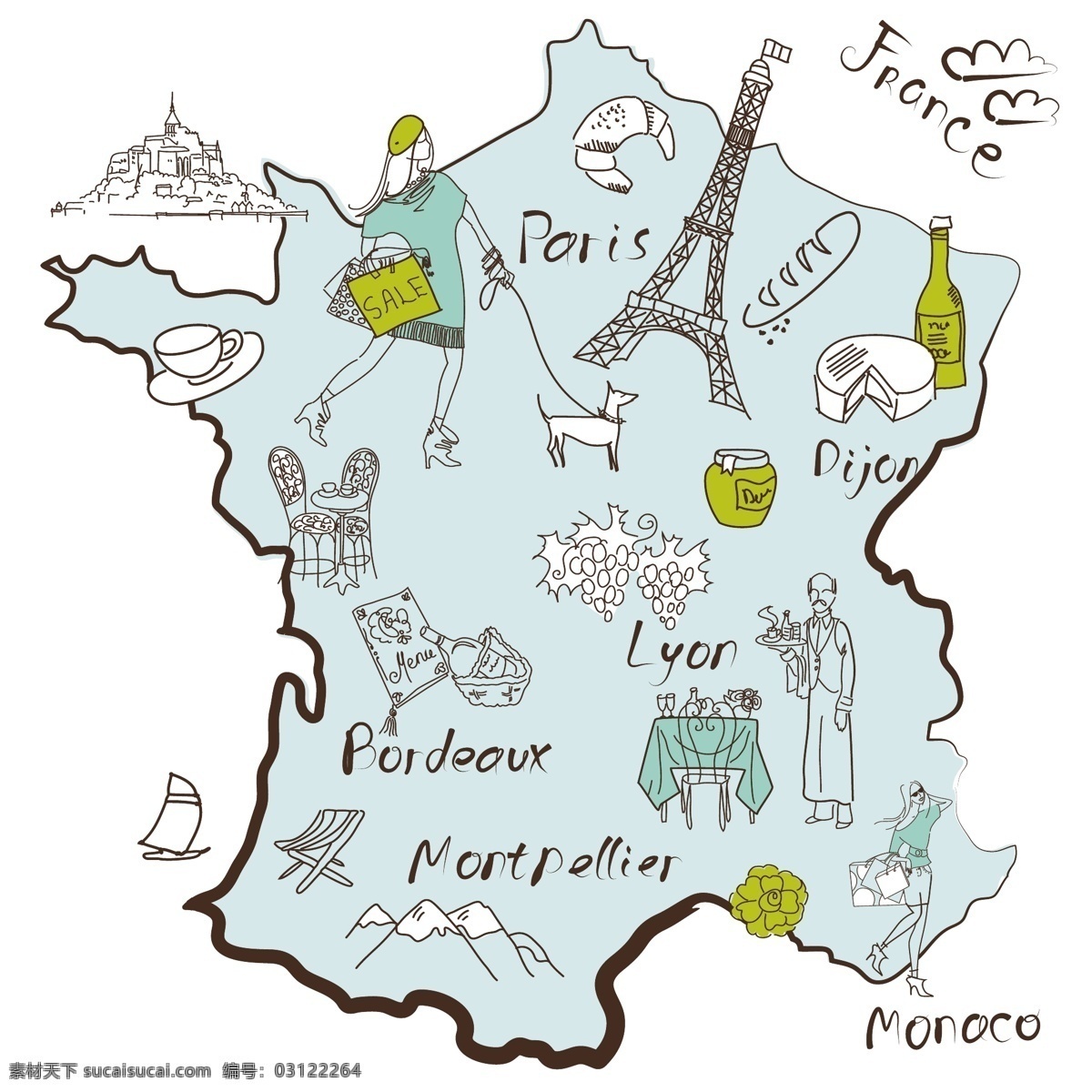 法国 东西 法国的东西 不同 地区 著名 程式化 地图 矢量图 日常生活