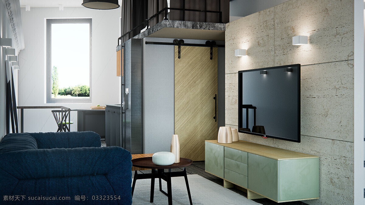 美式 客厅 蓝色 沙发 装修 效果图 壁灯 磁砖墙面 电视机 吊灯 蓝色沙发 浅色柜子