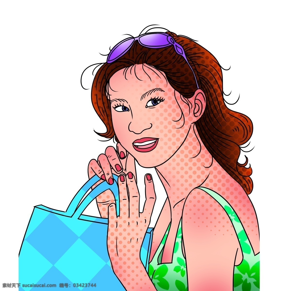 波普 风 购物 女性 插画 人物 复古 波普风 女人 购物袋 时尚 袋子 墨镜 手绘