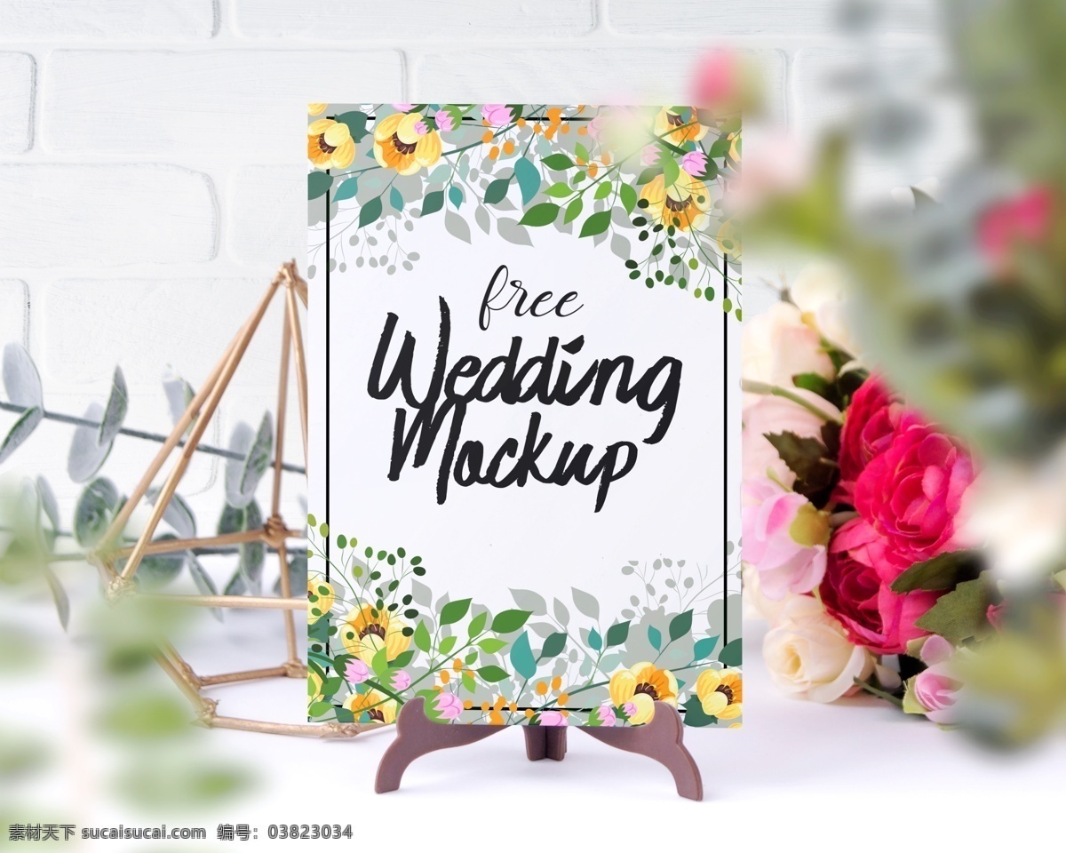 婚礼海报样机 婚礼广告 婚礼请柬 植物花朵 室内场景样机 桌面台卡样机 样机效果贴图 环境设计 效果图