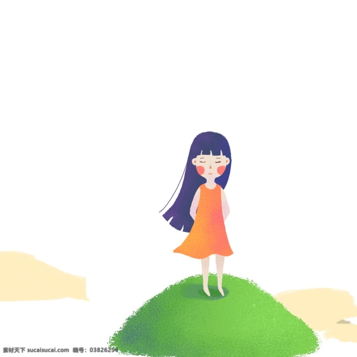小女孩 站 绿 草地 上 免 抠 图 女孩 动漫人物 卡通动漫 绿色植物 绿色生态 漂亮的山峰 植物 卡通草地 白色的云朵