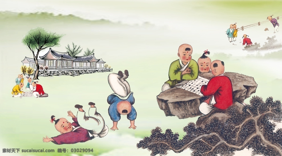 古代对弈 对弈 对弈图 小孩对弈 小孩下棋 古代人物 古代小孩 古代房屋 嬉戏的孩子 嬉戏图 分层 源文件