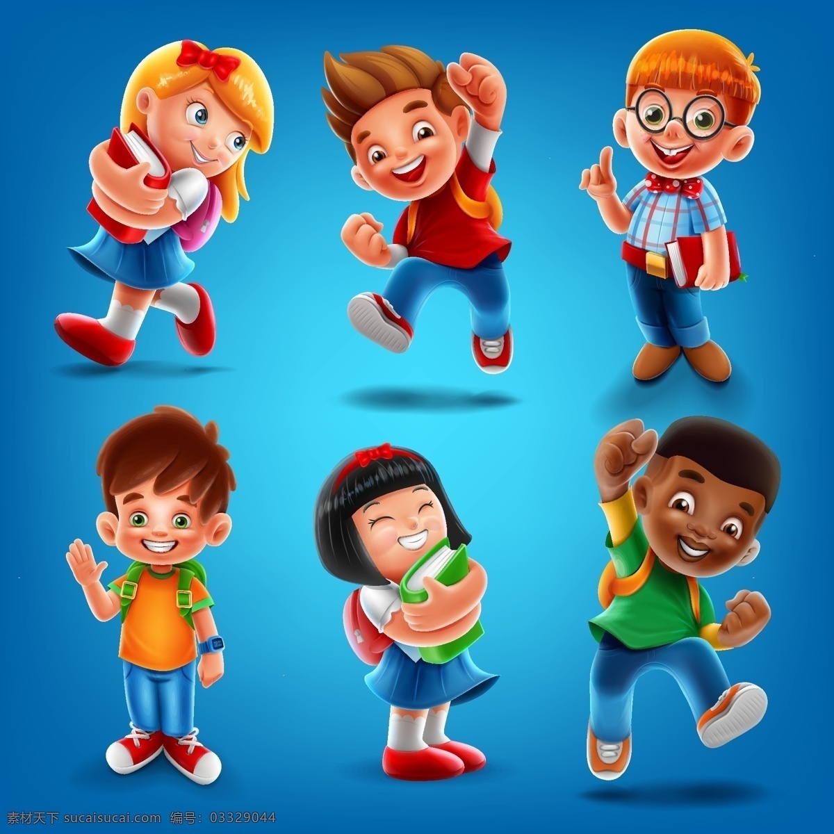 不同 肤色 质感 卡通 儿童 形象 上学的小朋友 小学生 开学了 开心的儿童 快乐的学生 立体 卡通人物形象 动漫动画 动漫人物