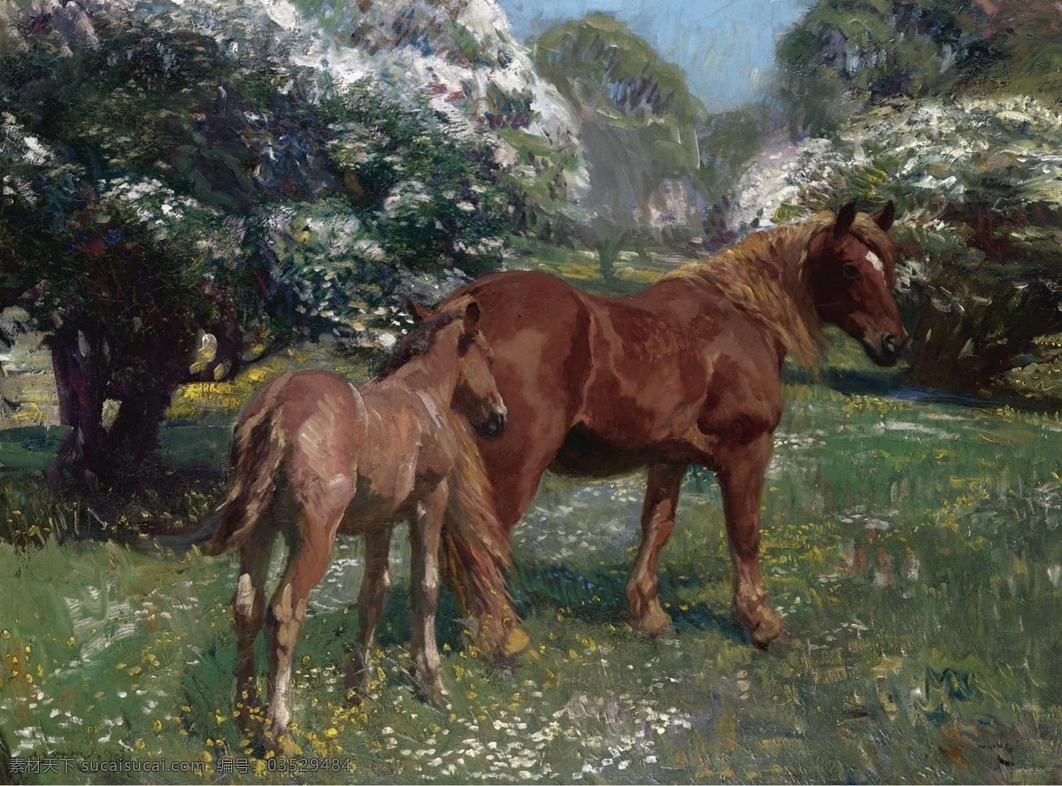 1909 大师 画家 风景画 静物 油画 建筑 装饰画 meadow spring foal and mare munnings james alfred 人物 高清 西方 国外 现代 家居装饰素材