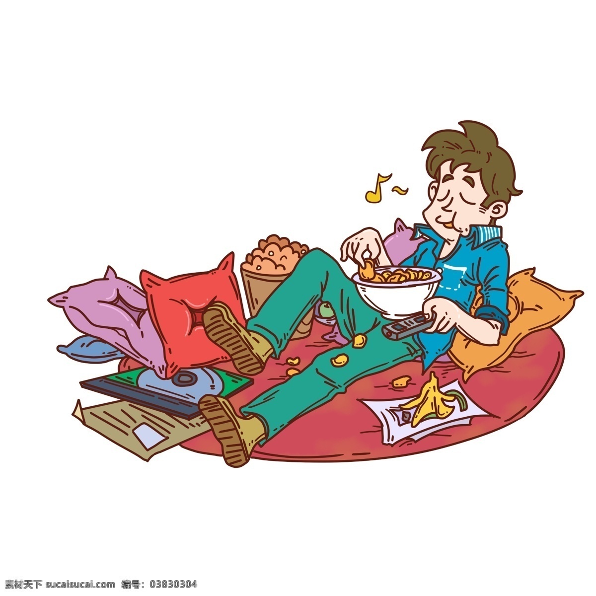 宅 在家 吃 零食 男孩 美味的食物 红色的垫子 红色的枕头 卡通人物 男 人物 手绘 插画 舒服的小男孩