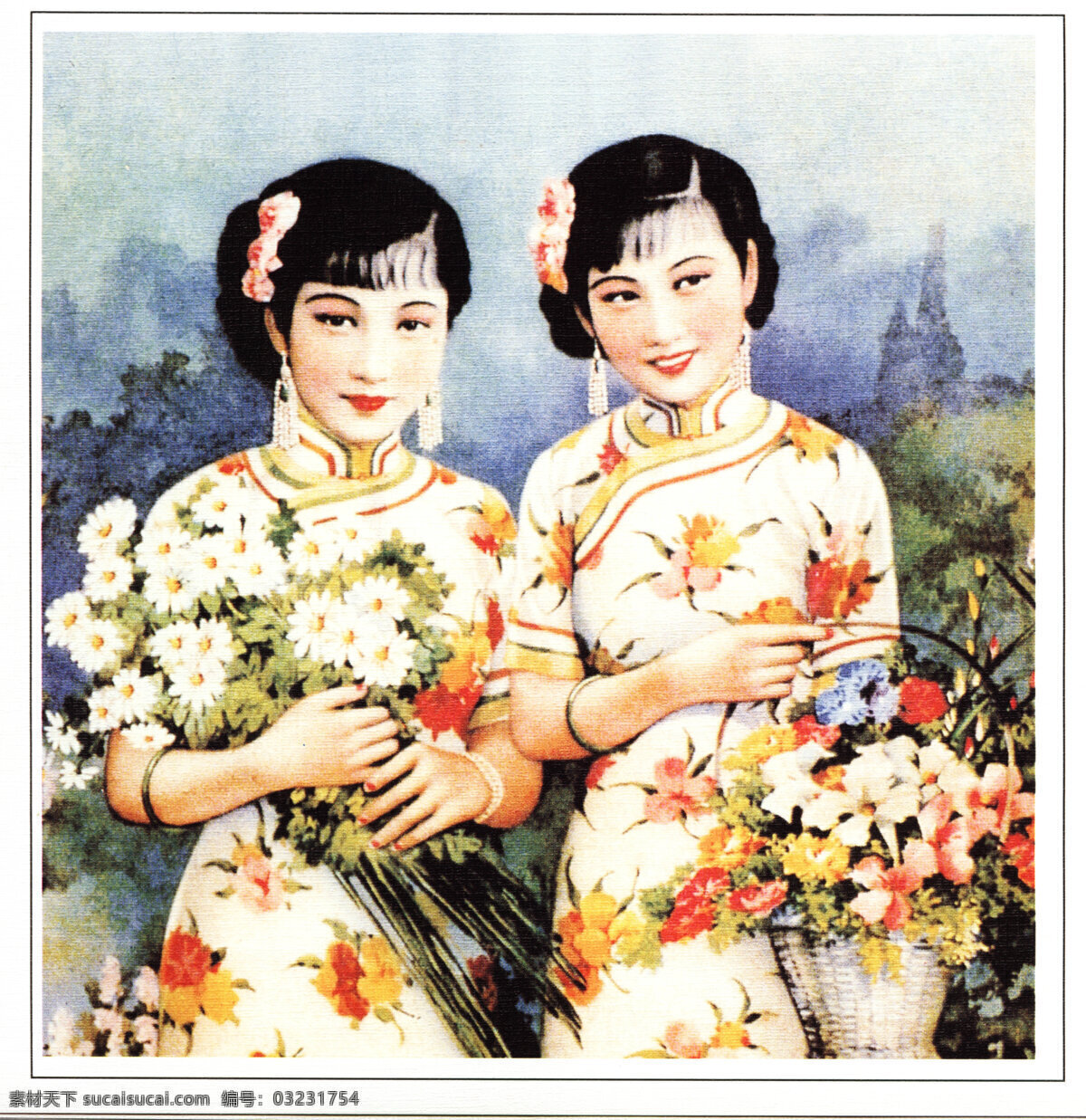 月份牌美女 月份牌 老上海 经典怀旧 美女 双姝 文化艺术 绘画书法 设计图库