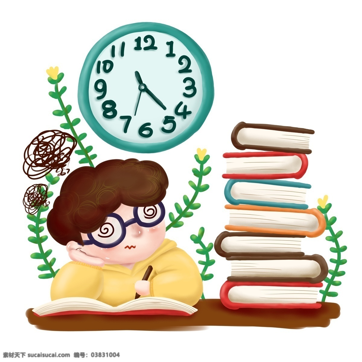 考试 学习方法 效率 纠结 教学辅导 宣传 商用 书本 植物 人物 学生 学习方式 学习压力 复习效率 时钟 高考 考研 会考 头痛 配图 元素 手绘 卡通