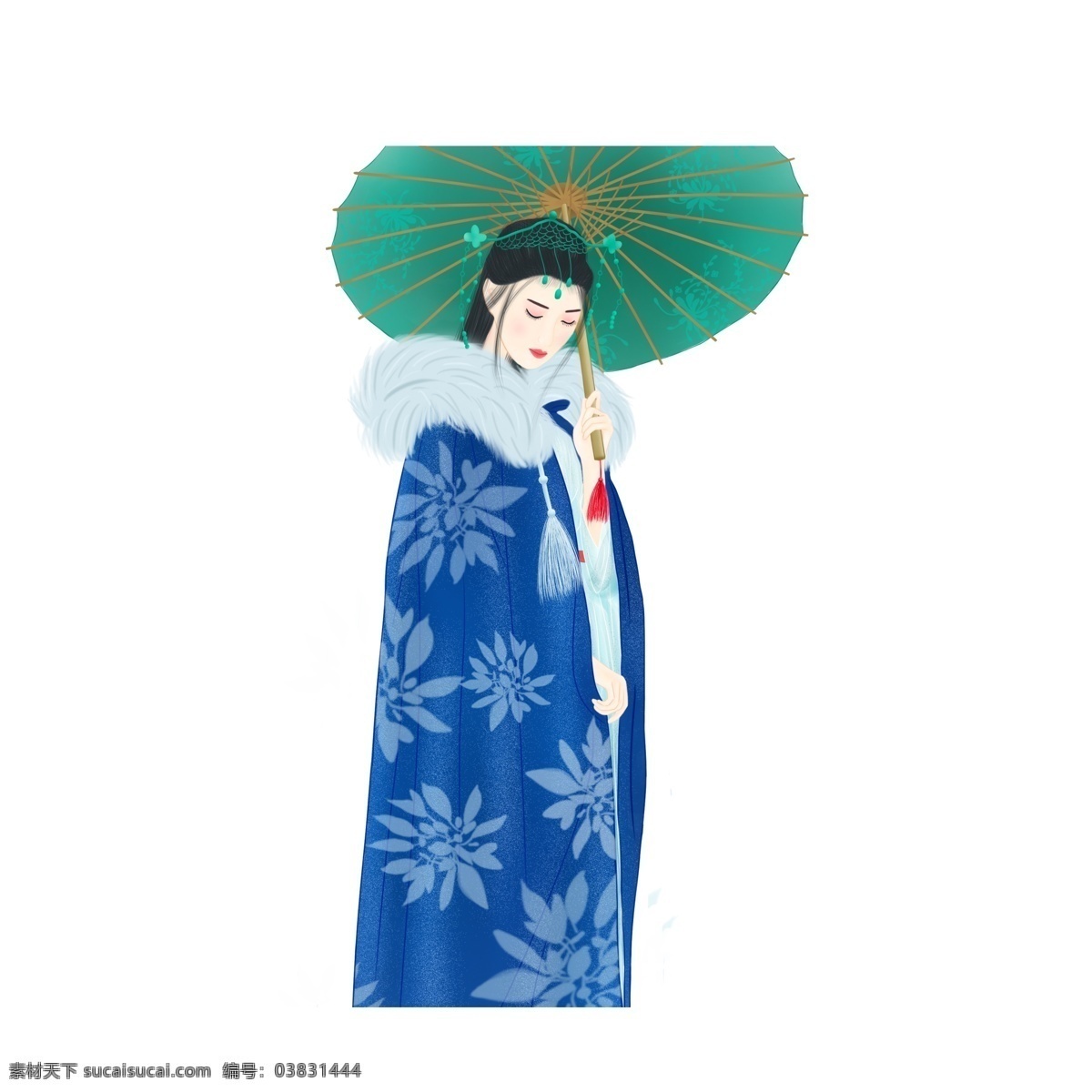伞 下 美丽 女子 卡通 元素 古典 古代 人物 绿色油纸伞 蓝色披风