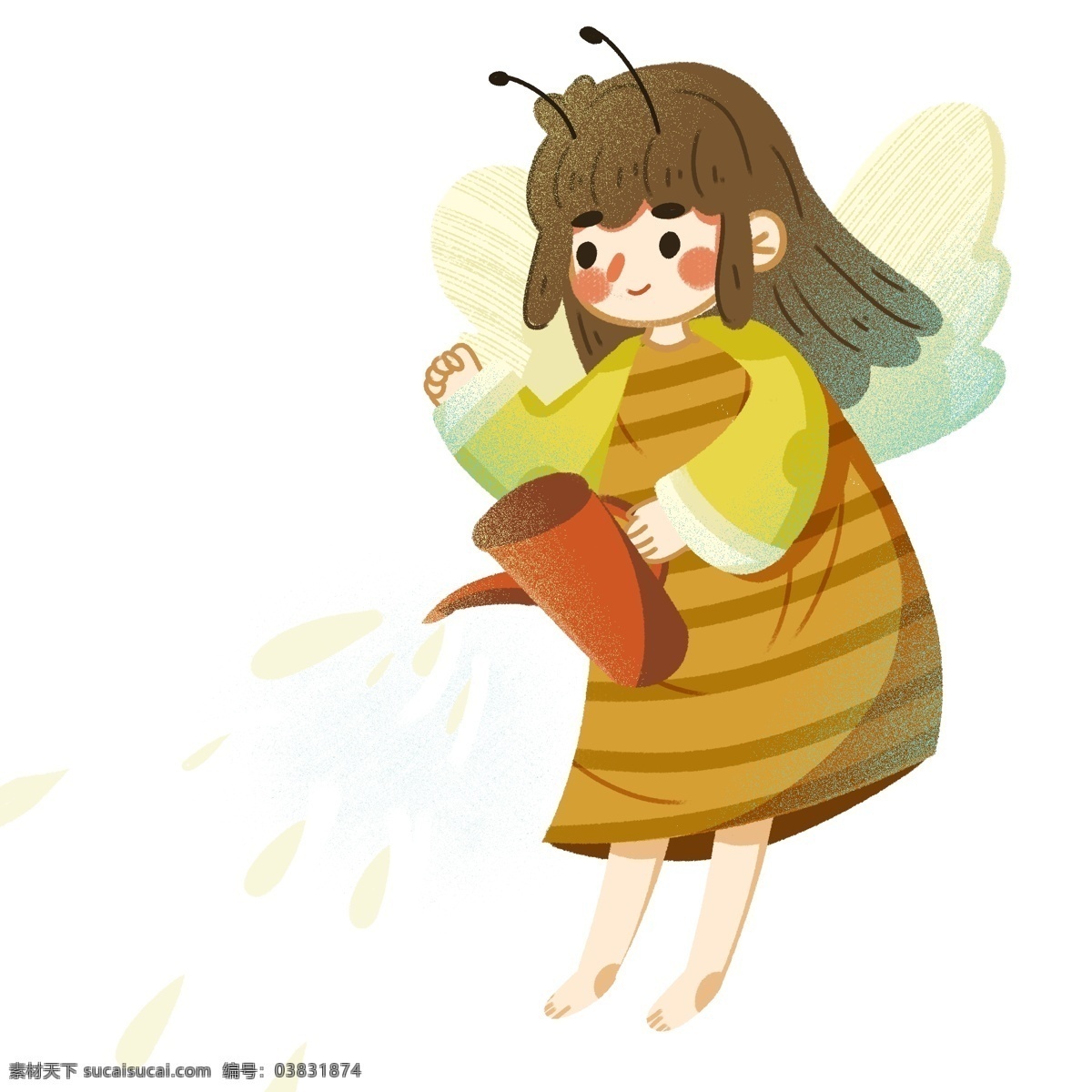清新 手绘 浇 花 勤劳 小 蜜蜂 浇水 女孩 女生 人物 勤劳的小蜜蜂 翅膀