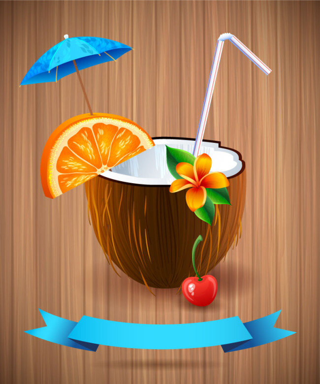精美 椰子汁 背景 矢量 ai格式 橙子 鸡蛋花 木纹 沙滩 矢量图 吸管 樱桃 装饰伞 热带饮品