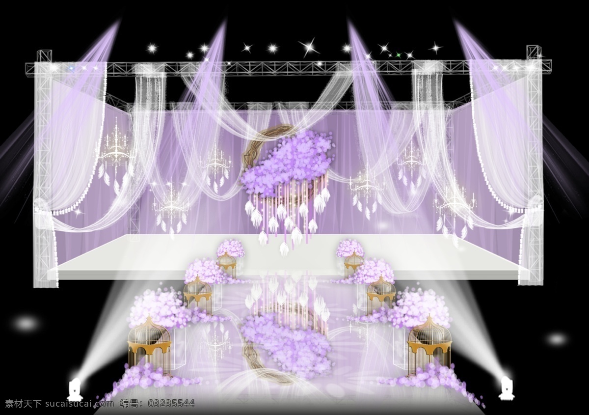 紫色 婚礼 分层 效果图 紫色搭配 布幔 欧根纱牵幔 花环艺术 灯光效果 羽毛 水晶灯 枯藤 缎带 亚克力 鸟笼 镜面地毯 婚礼效果图 psd分层 舞台效果