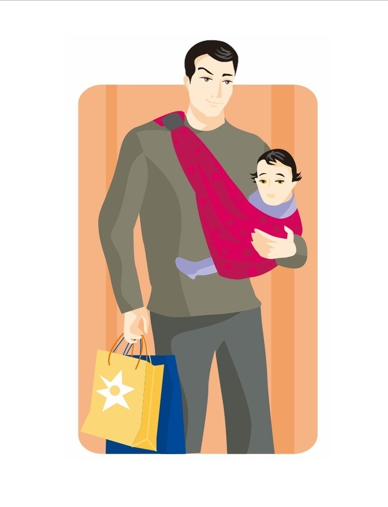 奶爸购物 抱孩子的男人 男人矢量图 购物 插画 shopping 男人商业 帽子 手提袋 购物袋 韩国插画 微笑 条纹衫 夹克衫 矢量设计人物 人物图库 男性男人