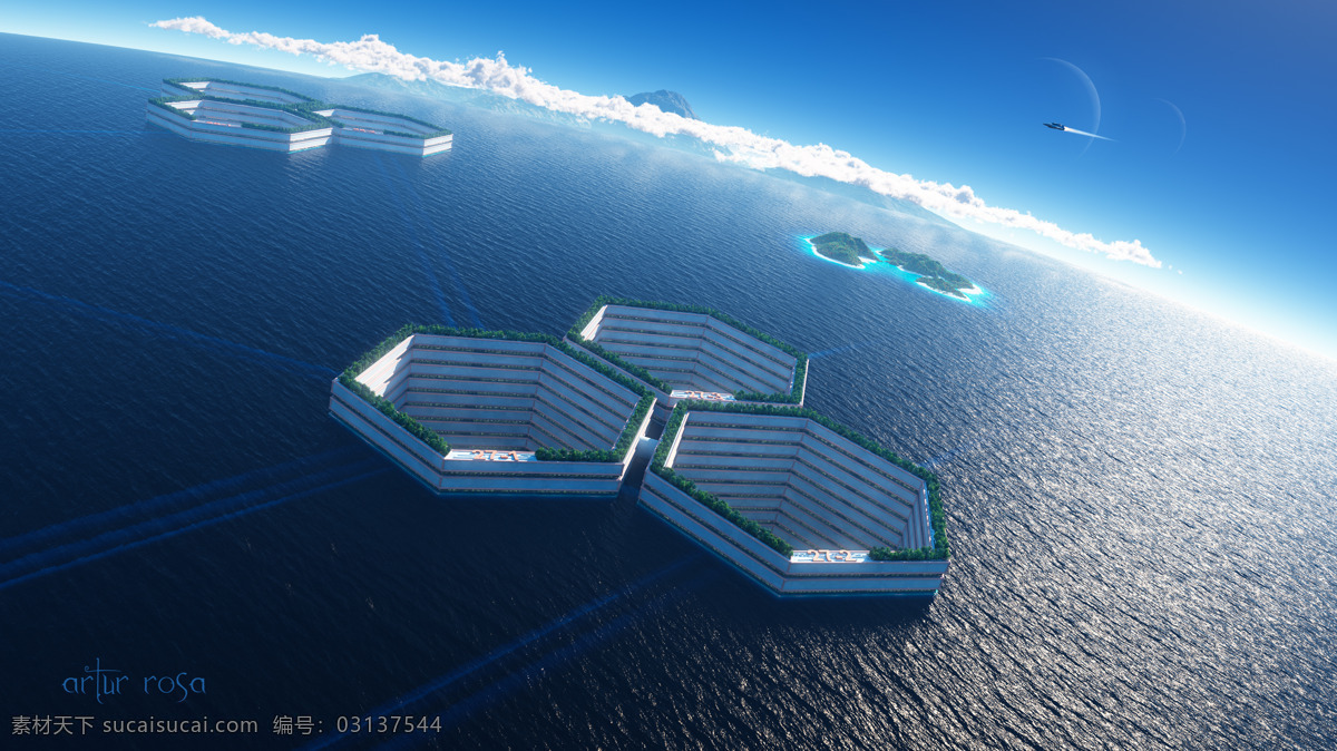 海洋科幻建筑 未来 飞船 宇宙 大海 壮观 震撼 海底 管道 创意 壁纸 梦幻 3d作品 3d设计