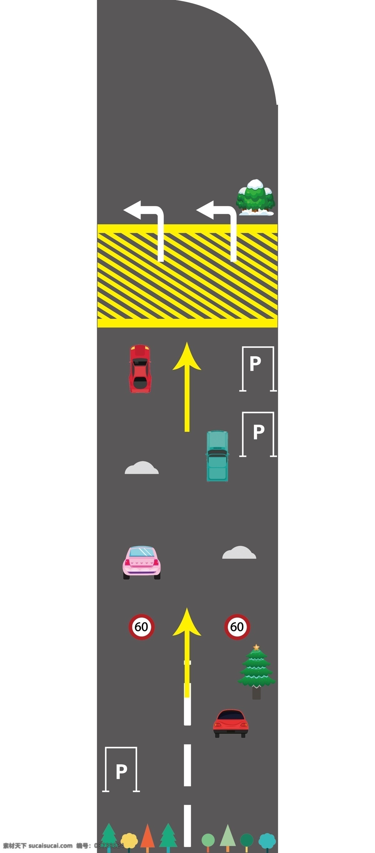 卡通公路 道路 卡通车 卡通树 停车位 分层