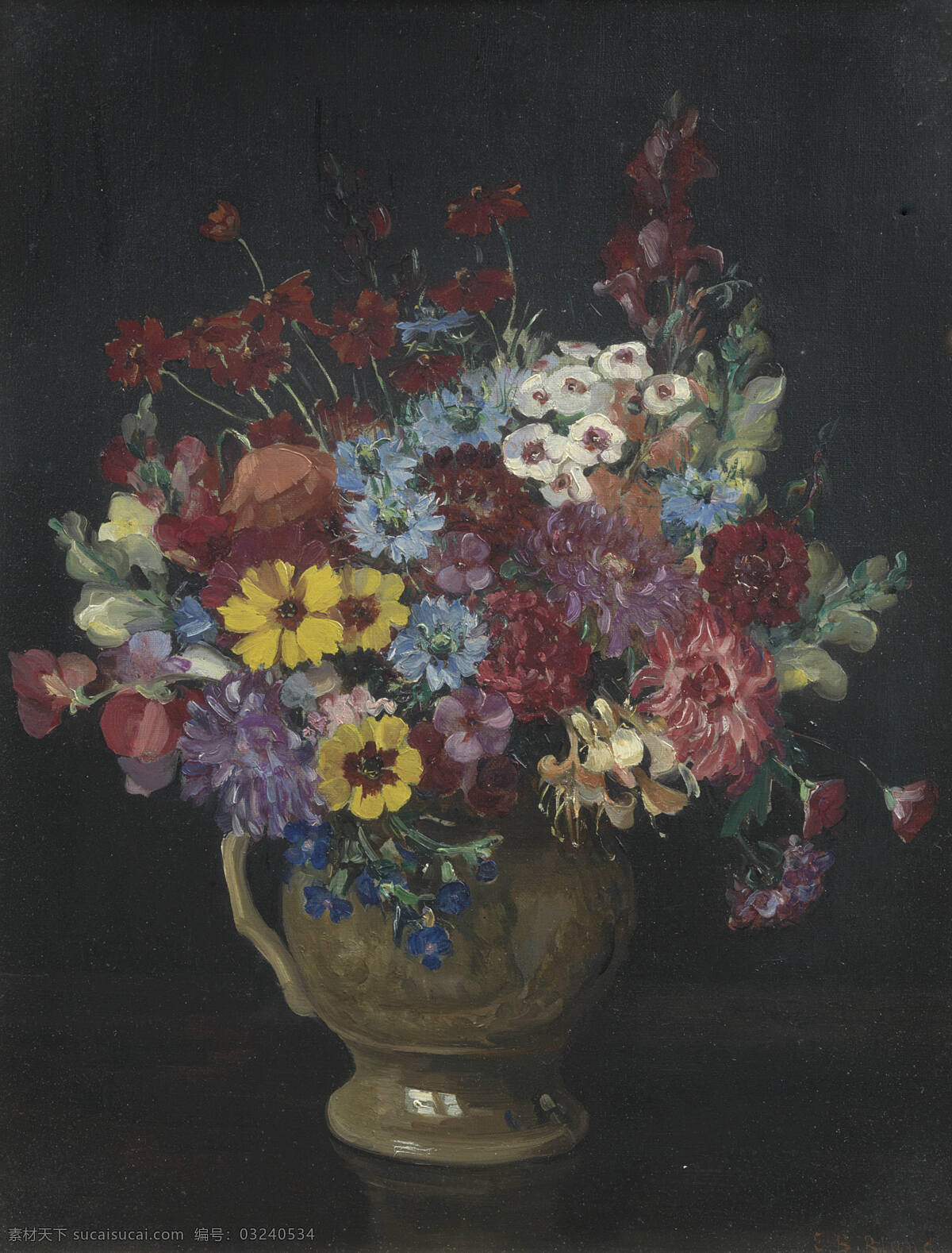 静物鲜花 永恒之美 混搭鲜花 水罐 桌子 暗色调 19世纪油画 油画 绘画书法 文化艺术