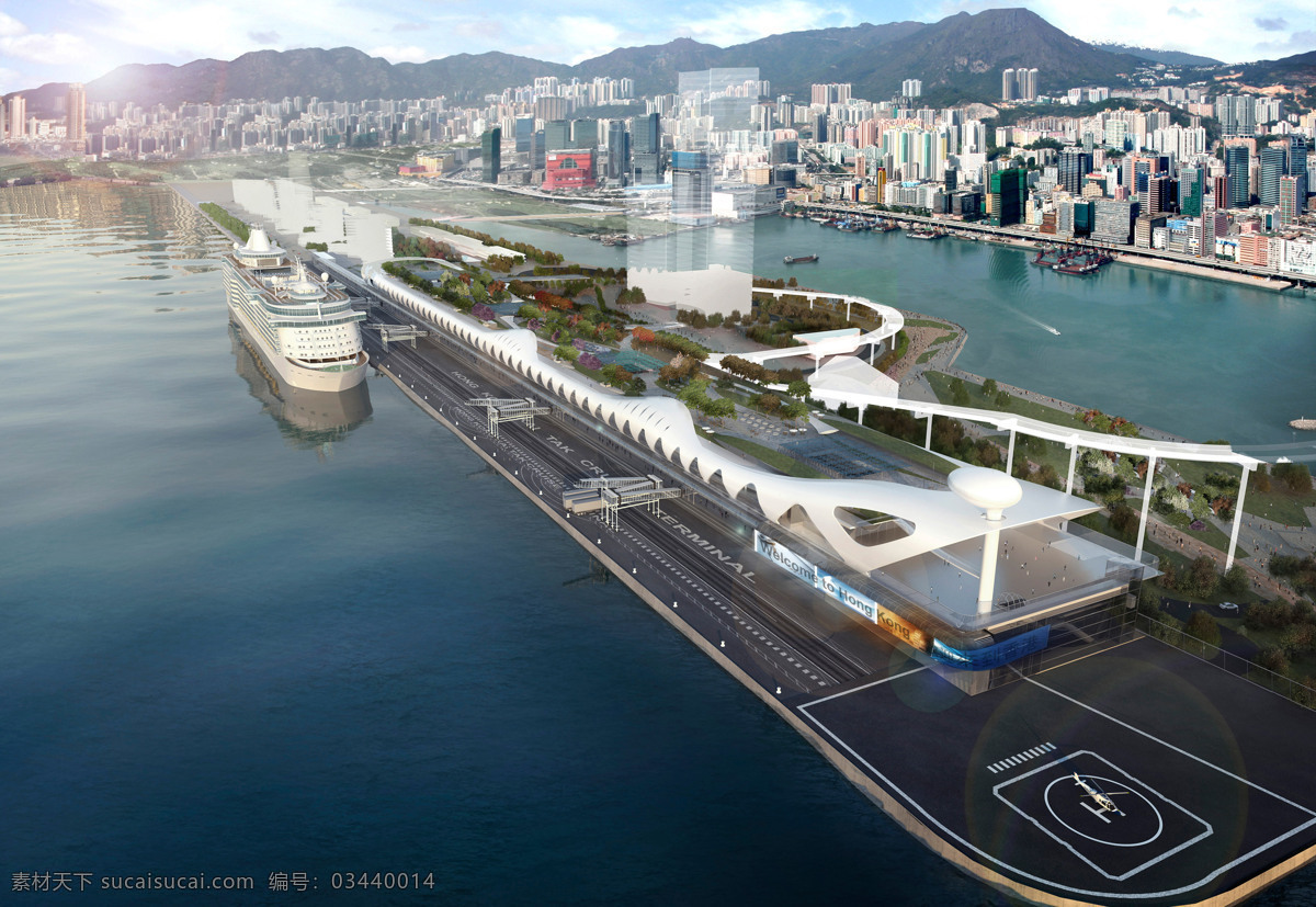 香港码头 建筑 白云 码头 港口 海洋 远山 油轮 机场 效果图 3d效果图 其他设计 环境设计