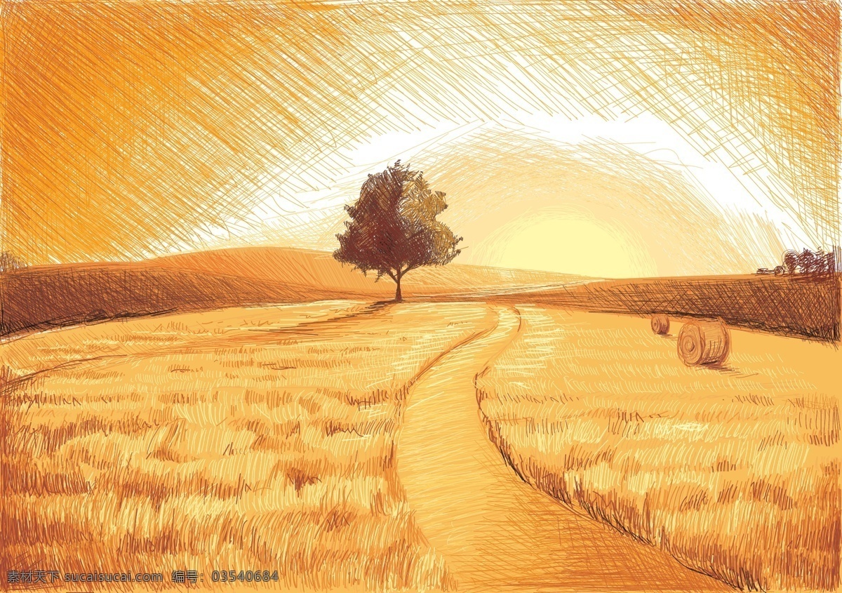矢量 秋季 风景 素描 手绘 背景 橙色 卡通 金黄色 麦田 稻田 童趣