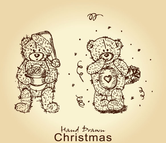 手绘 圣诞节 元素 素描 线稿 圣诞 小熊 复古 怀旧 装饰元素 贺卡 卡片 矢量素材 矢量 节日素材