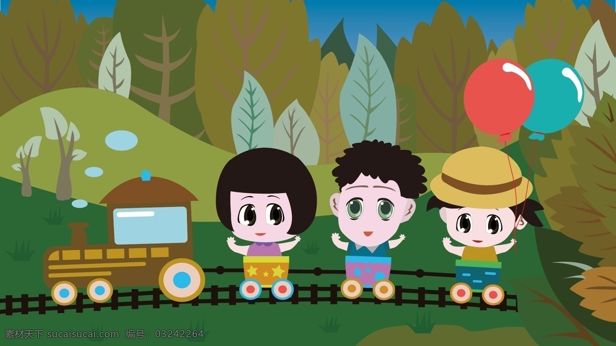 小朋友 坐 小 火车 去 旅行 卡通 儿童 插画 森林 幼儿 小火车 郊游