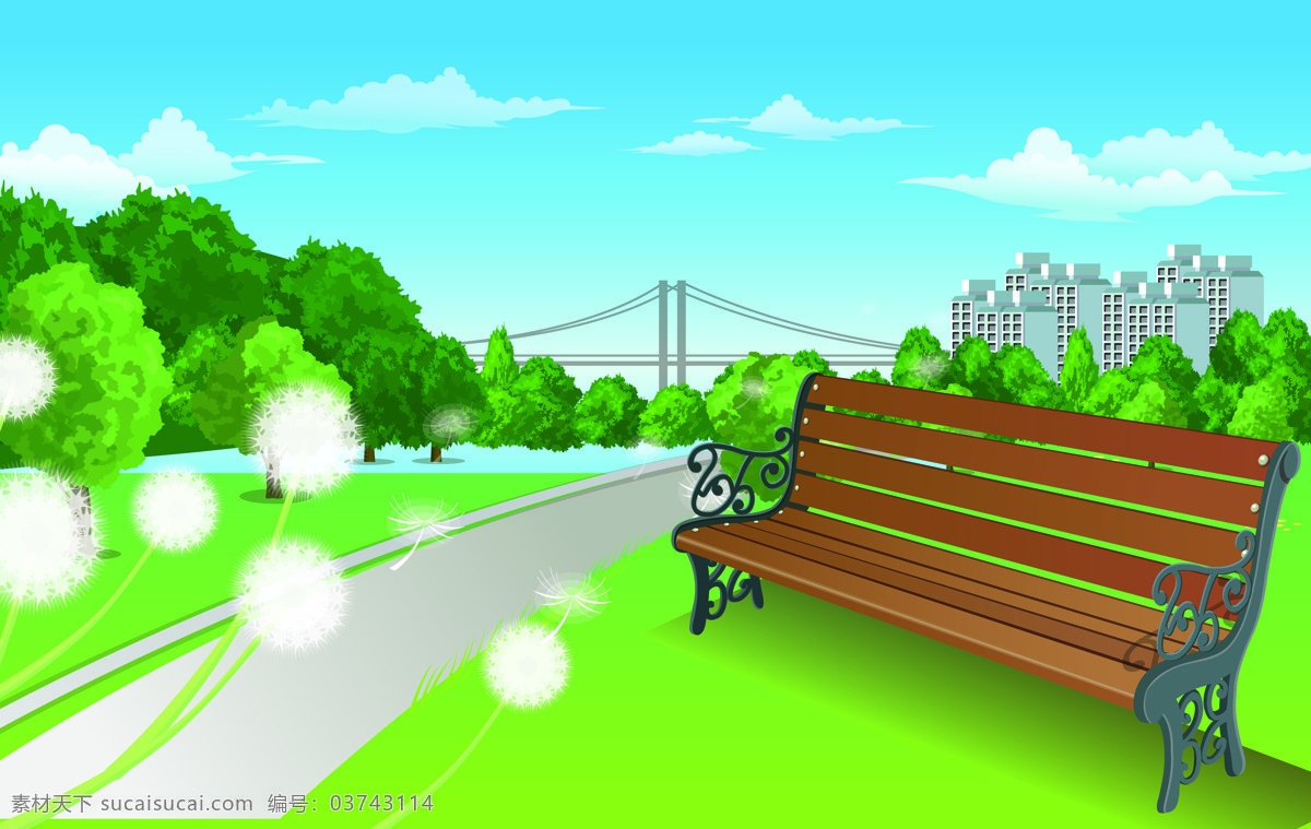 都市长椅 长椅 椅子 绿地 蓝天白云 树 薄公英 都市 公路 风景漫画 动漫动画