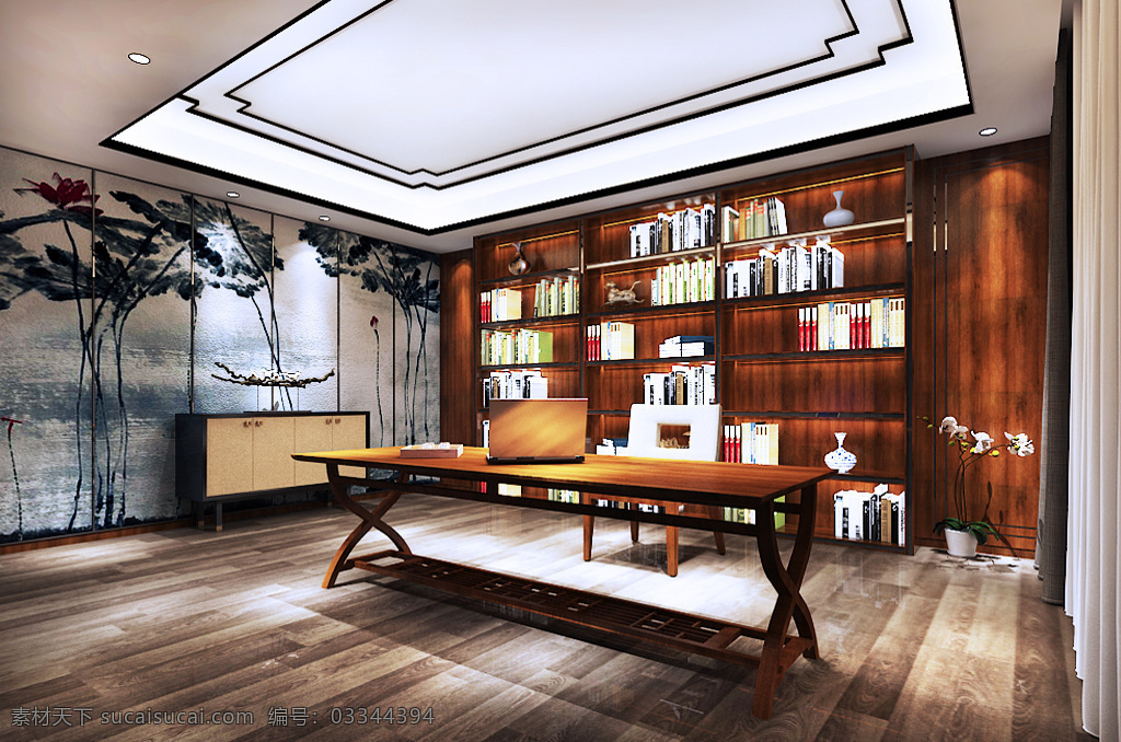 中式 书房 办公 空间 荷花 水景 笔记本 沙发椅 花卉 黑色装饰框 深木纹 斗柜