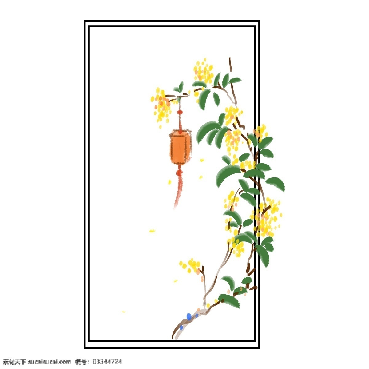 挂 灯彩 古风 卡通 边框 花草 植物 鲜花 花卉 框架 矩形 长方形 黑色直线 草本 有机 黄色花朵 挂灯笼 中式